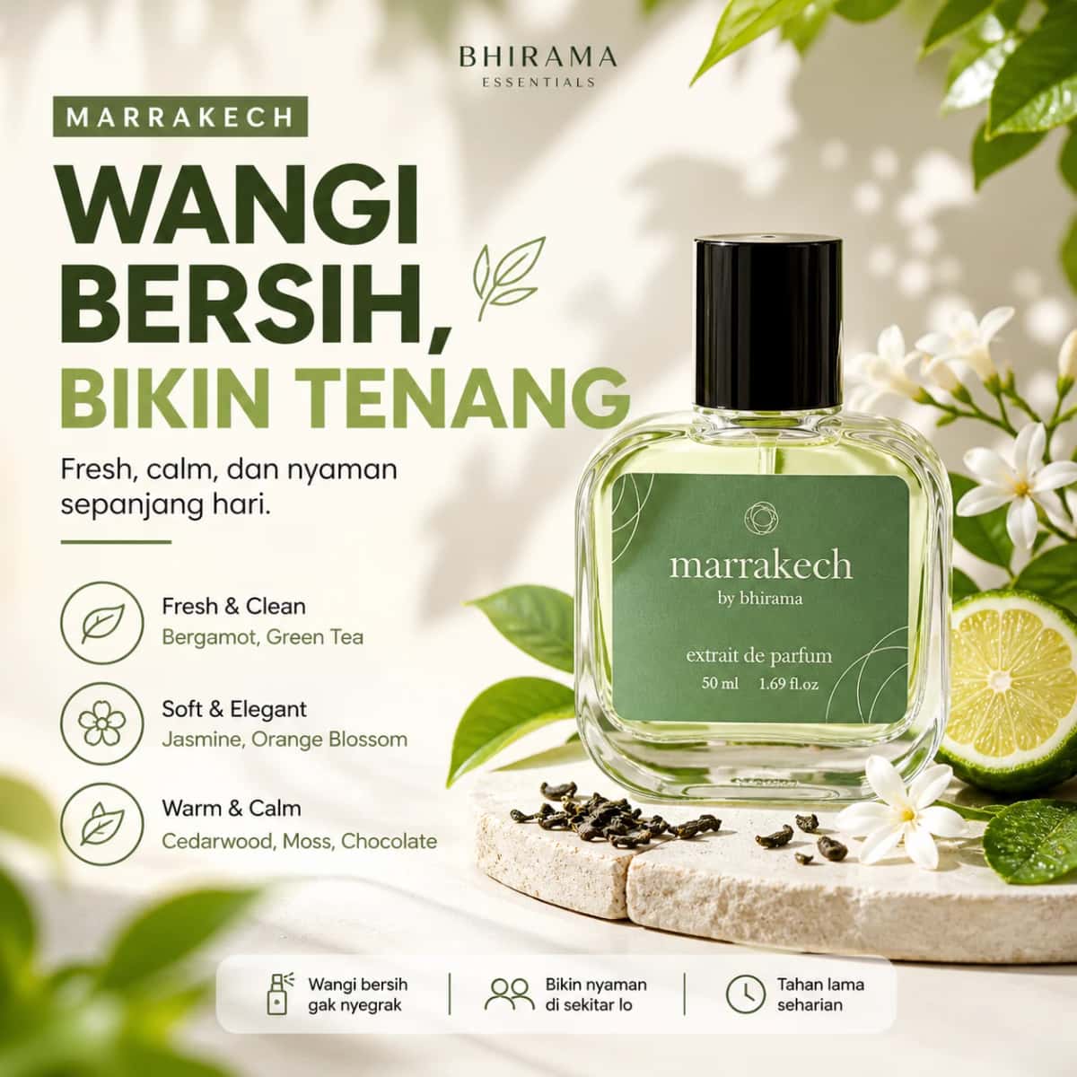 Bhirama Marrakech - Parfum Unisex Fresh Green Tea, Wangi Bersih & Menenangkan Seharian