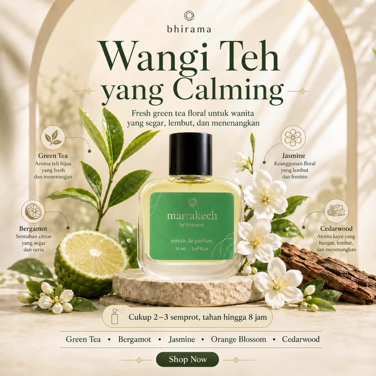 Bhirama Marrakech Extrait de Perfume 50ml - Parfum Unisex Fresh Green Tea, Wangi Bersih & Menenangkan Seharian